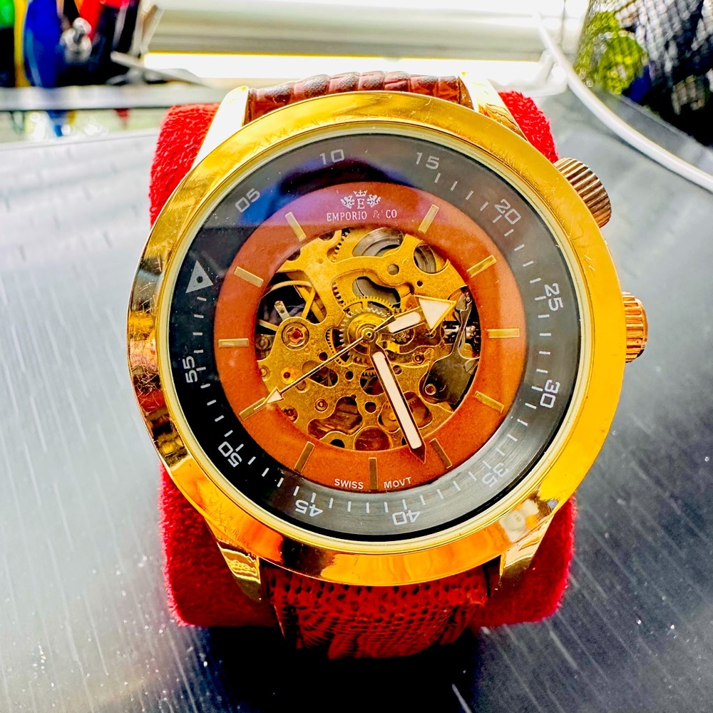 Emporio Armani Gold and Black Skeleton Watch